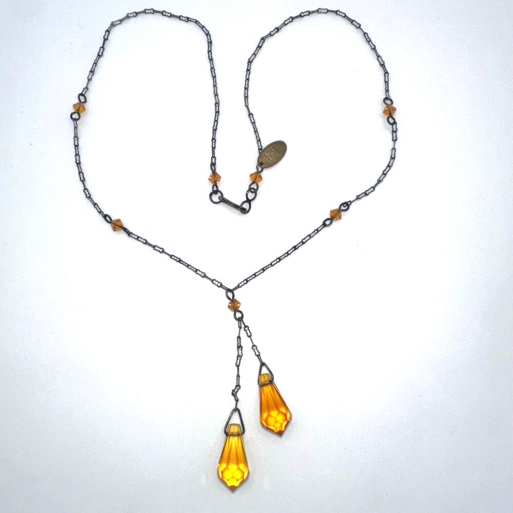 Lori Lori Art Deco Revival silver tone paperclip chain glass Y-drop necklace